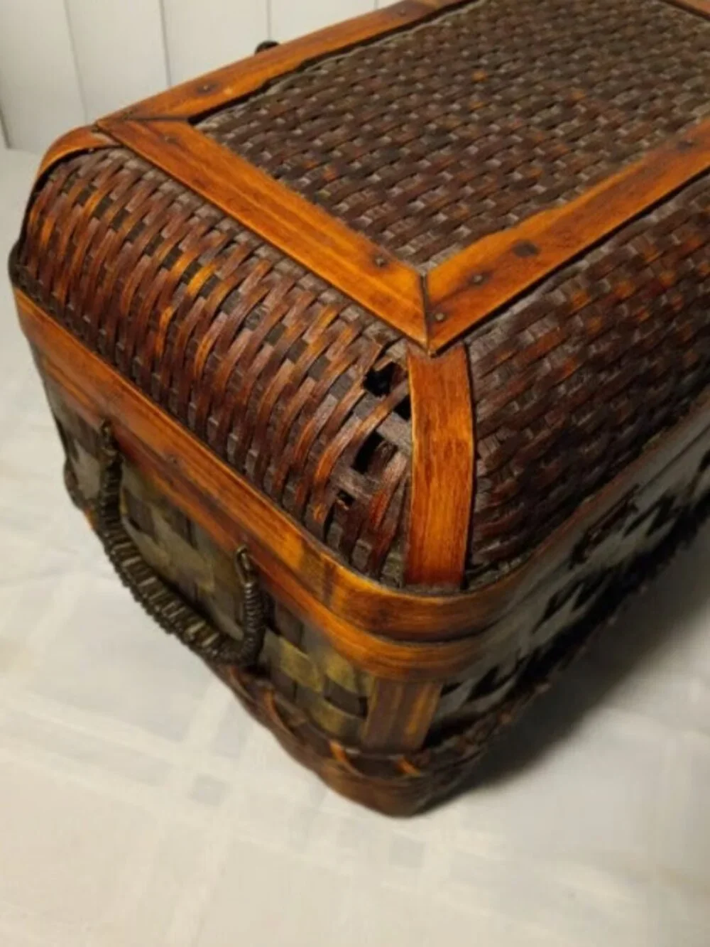 Vintage Brown Wicker Storage Basket with Handles and Closing & Clasp Lid